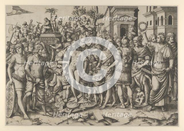 The triumph of a Roman Emperor; a young naked hero stands at center on a pile of armor..., ca. 1510. Creator: Marcantonio Raimondi.