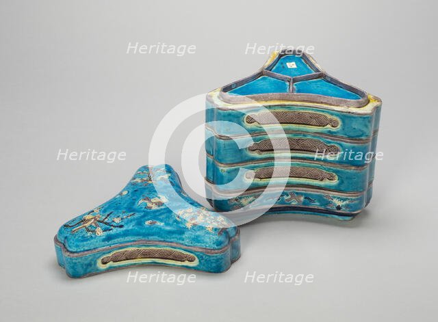 Triangular Five-Tiered Box with Bamboo, Plum Blossom, and Pine Trees, Ming dynasty, 16th century. Creator: Unknown.