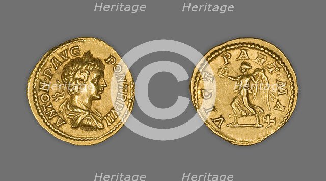 Aureus (Coin) Portraying Emperor Caracalla, 204 (January-April), issued by Septimius Severus. Creator: Unknown.