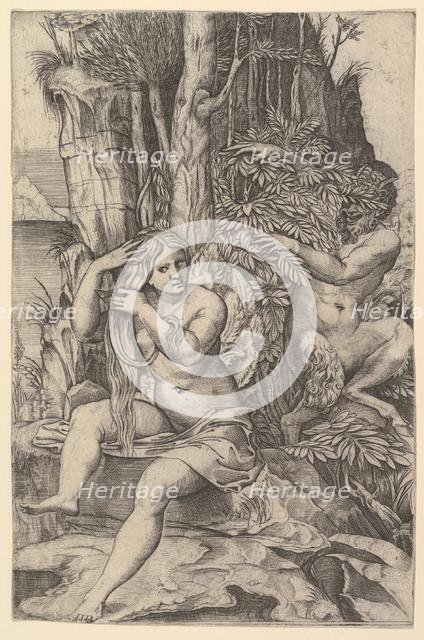 Pan spying on the nymph Syrinx who is seated on a rock, combing her hair, ca. 1516-20. Creator: Marco Dente.