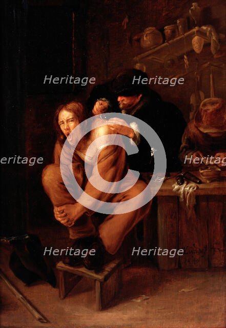 A surgeon applying medicine to a wound in the shoulder of a man in pain, 1649. Creator: Gerrit Lundens.