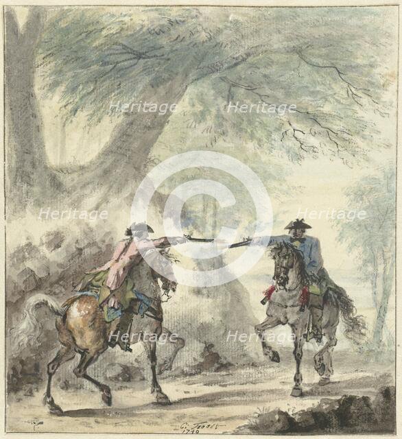 Two horsemen meet on a forest road and fire at each other, 1740. Creator: Cornelis Troost.
