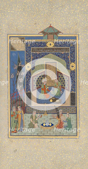 Bahram Gur in the Turquoise Palace on Wednesday, Folio 216 from a Khamsa...AH 931/AD1524-25. Creators: Shaikh Zada, Mahmud Muzahhib, Sultan Muhammad Nur.