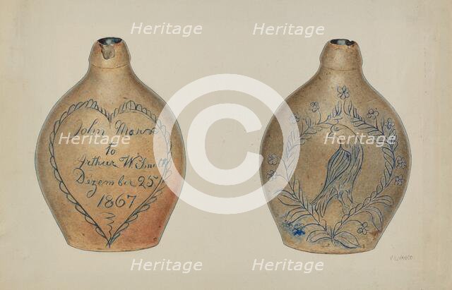 Pa. German Stoneware Flask, c. 1940. Creator: V. L. Vance.