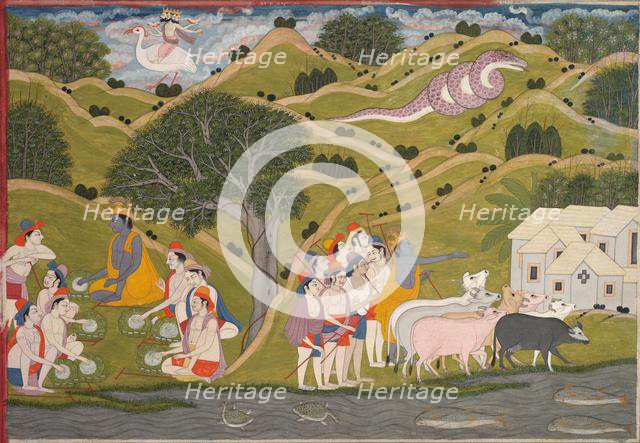 Krishna Returns with the Cowherds to Braj, from a Bhagavata Purana, c. 1830. Creator: Unknown.