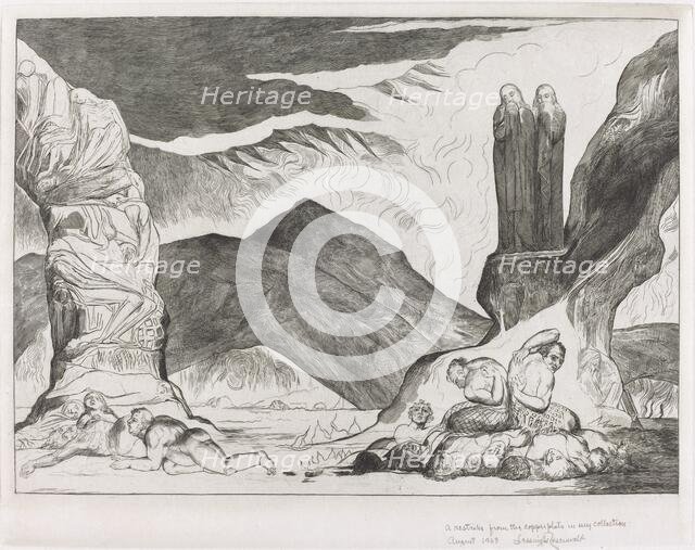 The Circle of the Falsifiers: Dante and Virgil Covering their Noses because of the stench, 1827. Creator: William Blake.
