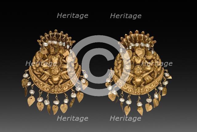 Pair of Earrings with Four-Armed Vishnu Riding Garuda with Nagas (serpent divinities), 1600s or 1700 Creator: Unknown.