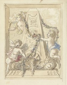 Mourning putti hanging garlands on a monument, 1677-1755. Creator: Elias van Nijmegen.
