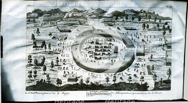 Battle with Ambiorix, chief of Eburones from the Belgian Gaul, engraving from 'Bellium Gallim' (G…