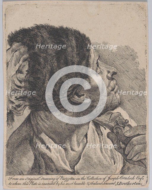 Man in a fur hat holding a musket, looking upwards; after Giovanni Battista Piazzetta, 1770-1780. Creator: James Bretherton.