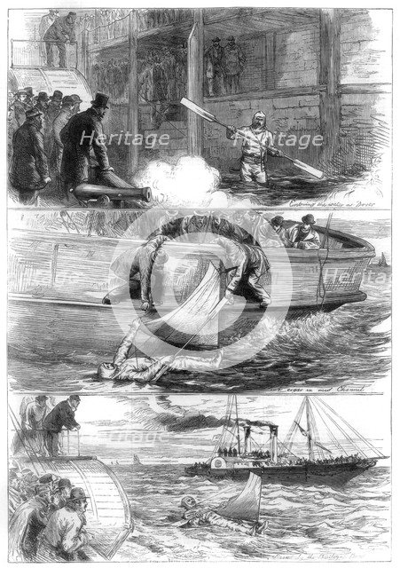 Captain Boyton's voyage across the Channel, 1875. Artist: Unknown