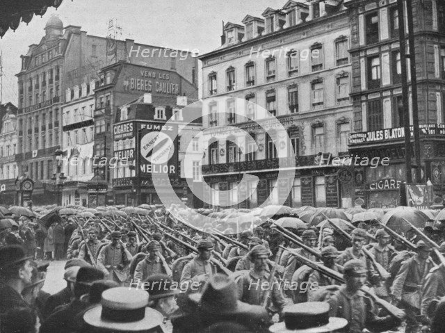 'German infantry entering Brussels in the rain', 1914. Artist: Unknown.