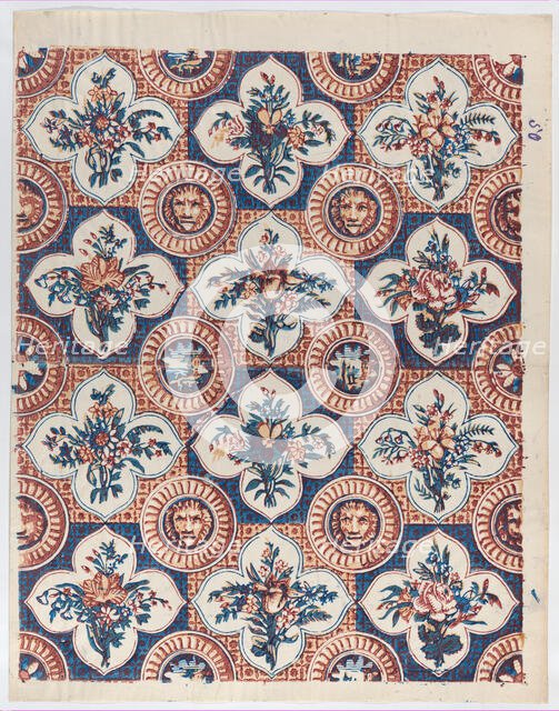 Sheet with pattern of bouquets and lion heads, late 18th-mid-19th ce..., late 18th-mid-19th century. Creator: Anon.