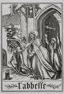 The Abbess visited by Death from "The Dance of Death", 1538, (1877). Creator: Unknown.