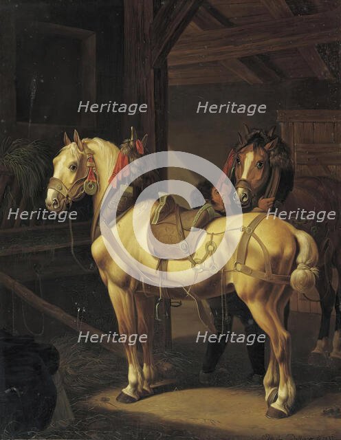 Two draft horses in the stable, 1832. Creator: Johann Baptist Dallinger von Dalling.