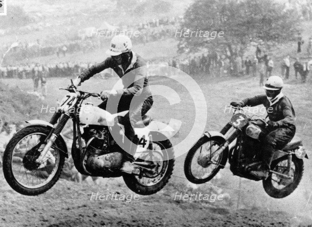 Two motorcyclists taking part in Motocross at Brands Hatch, Kent. Artist: Unknown
