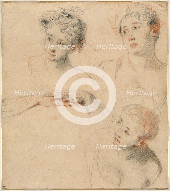 Three Studies of a Woman's Head and a Study of Hands [recto], 1718/1719. Creator: Jean-Antoine Watteau.