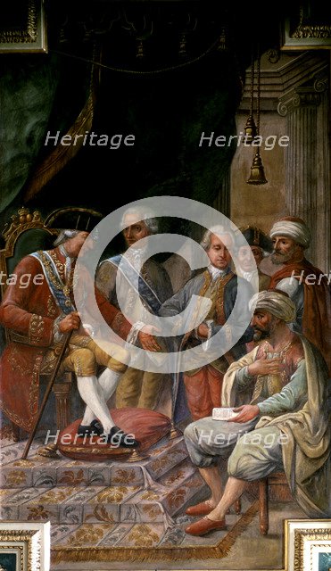 Charles III on his throne discusses with the North African envoy the conditions of a peace  and c…