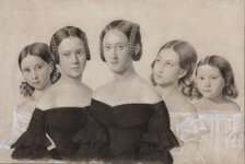 Portrait of Sisters Yelisaveta, Maria, Praskovya, Alexandra and Anna Dyakov, End 1830s. Artist: Anonymous  