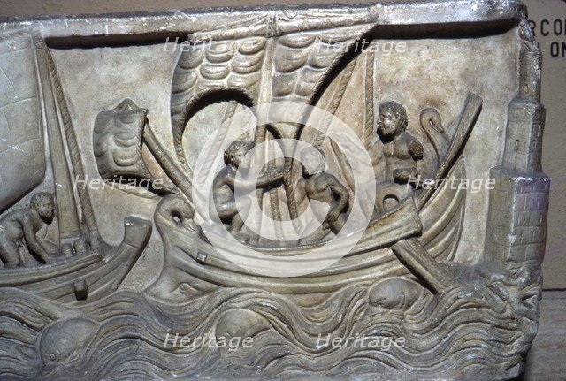 Roman relief, Merchant Ship with Lighthouse on right. Artist: Unknown.