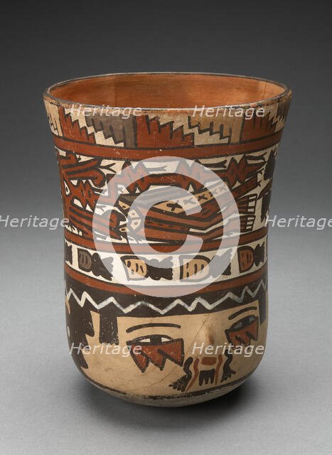 Beaker Depicting Human Head with Face Painting; and Abstract Costumed Figures, 180 B.C./A.D. 500. Creator: Unknown.