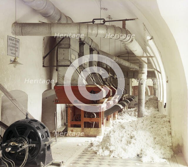 Cotton textile mill interior, probably in Tashkent, between 1905 and 1915. Creator: Sergey Mikhaylovich Prokudin-Gorsky.