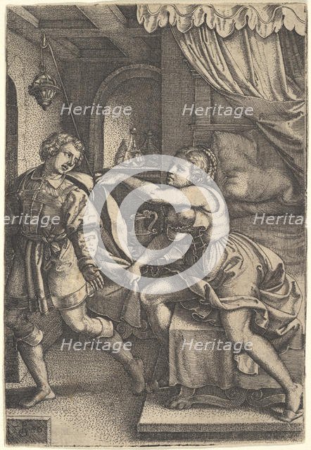 Joseph strides away from Potiphar's wife, who clutches his cloak with both hands as she st..., 1546. Creator: Georg Pencz.