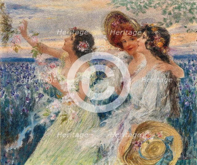 Spring, three ladies in front of a field of lilies. Creator: Czech, Emil (1862-1929).
