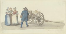 A A farmer and three women from the Hunsrück region by a cart, with a cow behind them, c1840s. Creator: Jakob Dielmann.