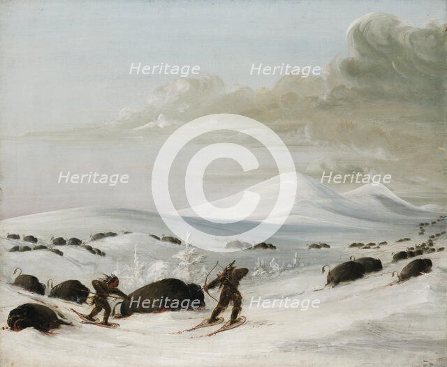 Buffalo Chase in Snowdrifts, Indians Pursuing on Snowshoes, 1832-1833. Creator: George Catlin.