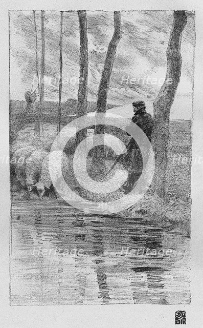 A shepherd with his flock by a river, 1899.Artist: Robert Hermann Sterl