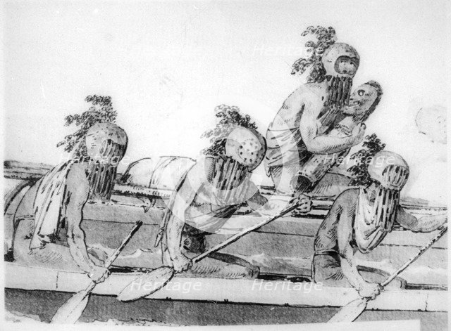 Double canoe with oarsmen, Hawaii, 18th century. Artist: John Webber