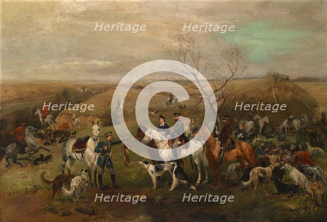 Hunting party with the Emperor Alexander III and Empress Maria Feodorovna, 1880s. Artist: Samokish, Nikolai Semyonovich (1860-1944)
