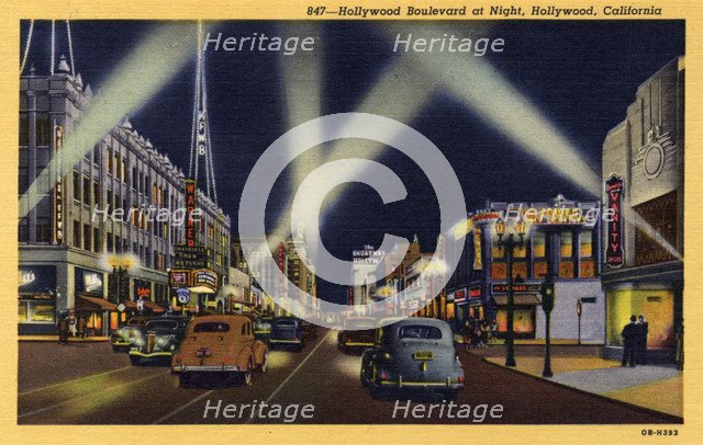 Hollywood Boulevard at night, Hollywood, Los Angeles, California, USA, 1940. Artist: Unknown
