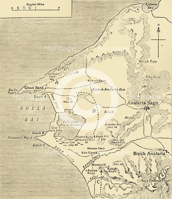 Map of Suvla Bay, Gallipoli peninsula, First World War, 1915, (c1920). Creator: Unknown.