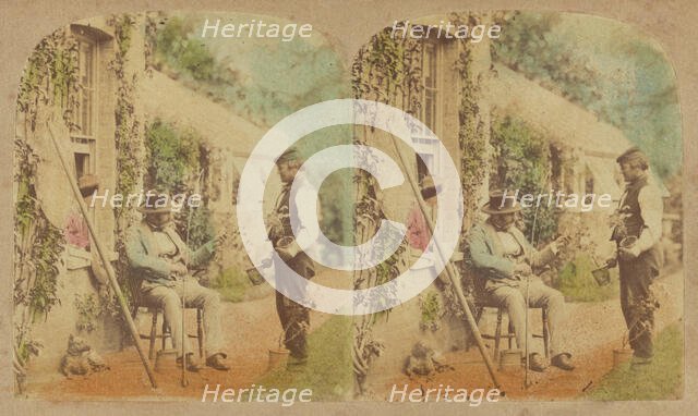 Man holding fishing pole seated, another man standing holding potted plant, dog..., 1857-1859. Creator: William Morris Grundy.