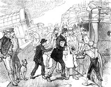 Departure of a Cunard steamer from Liverpool: passengers arriving at the landing-stage, 1881. Creator: Unknown.