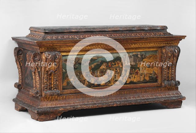 Cassone with painted front panel depicting the Conquest of Trebizond, after ca. 1461. Creator: Apollonio di Giovanni di Tomaso.