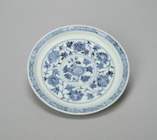 Dish with Peony Scrolls and Chrysanthemum Spray, and..., Ming dynasty, Hongwu period (1368-98). Creator: Unknown.