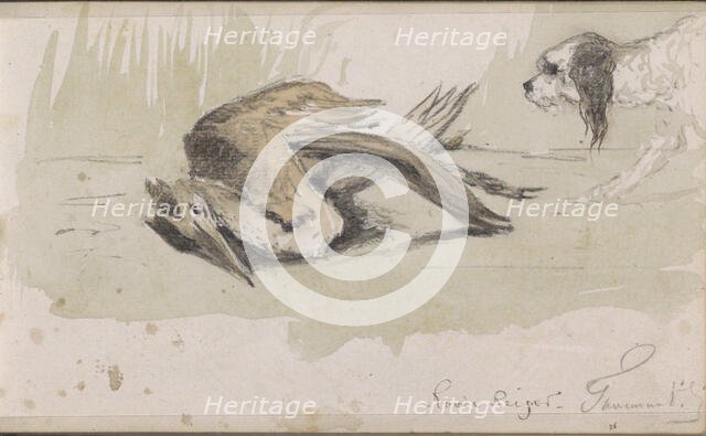 Dog with a dead red heron, 1864-1880. Creator: Johannes Tavenraat.