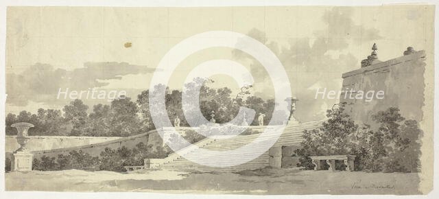 View of the Park at Versailles: Staircase, Urns and Topiaries, n.d. Creator: Pierre Antoine Mongin.