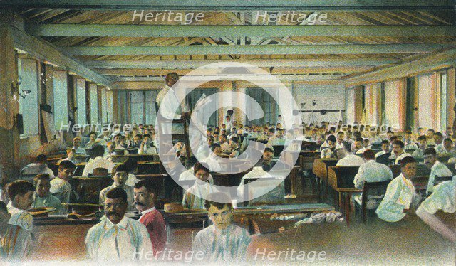 Lector reading to cigar rollers, Cigar Factory, Havana, Cuba, 1910s. Artist: Unknown