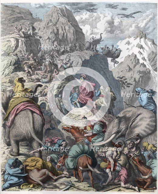 Ancient History. Carthage. Hannibal and his army passing the Alps into Italy. German engraving, 1…