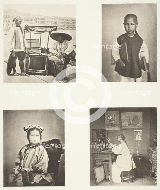 A Hong-Kong Sedan Chair; A Chineses School-Boy; A Chinese Girl; A Hong-Kong Artist, c. 1868. Creator: John Thomson.
