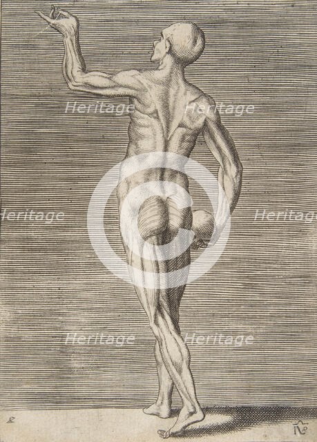 Man seen from the Back, holding a Skull in his right Hand, 16th century. Creator: Giulio Bonasone.