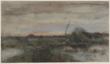 Swamp landscape with sunset, 1863-1903. Creator: George Poggenbeek.