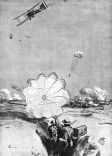 'Combat Aerien; Avion ravitaillant en munitions, au moyen de parachutes, des mitrailleurs..., 1918. Creator: Joseph Simpson.