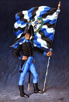 Flag bearer from the canton of Grisons, c. 1809. Color engraving from 1943, published by Editions…