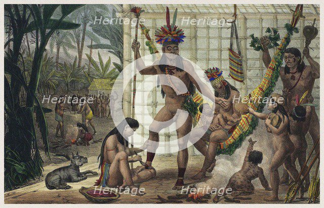 Family of a Camacan Indian Chief Preparing for a Festival. Illustration from Voyage pittoresque et h