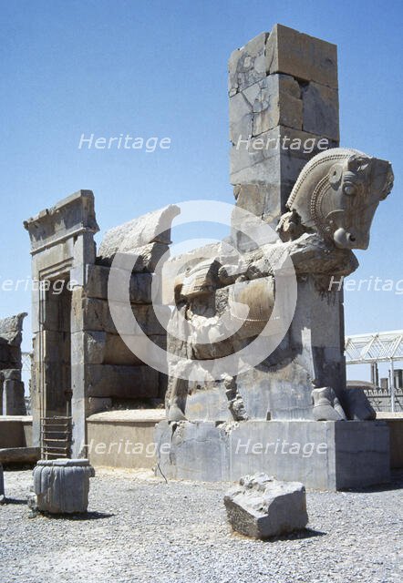 Column shaped like a bull, northern gate entrance, Palace of 100 Columns, Persepolis, Iran, 1994. Creator: LTL.
